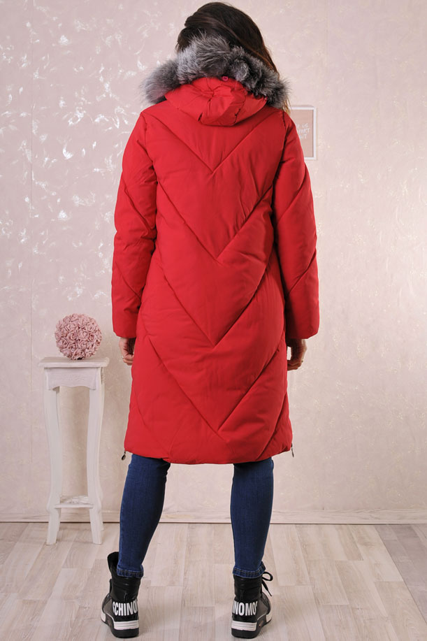 Червено дълго яке с естествен-косъм