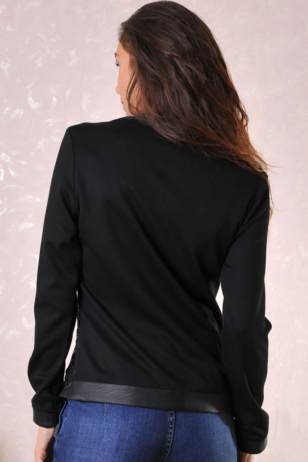 Дамско черно сако-яке с кожена дантела