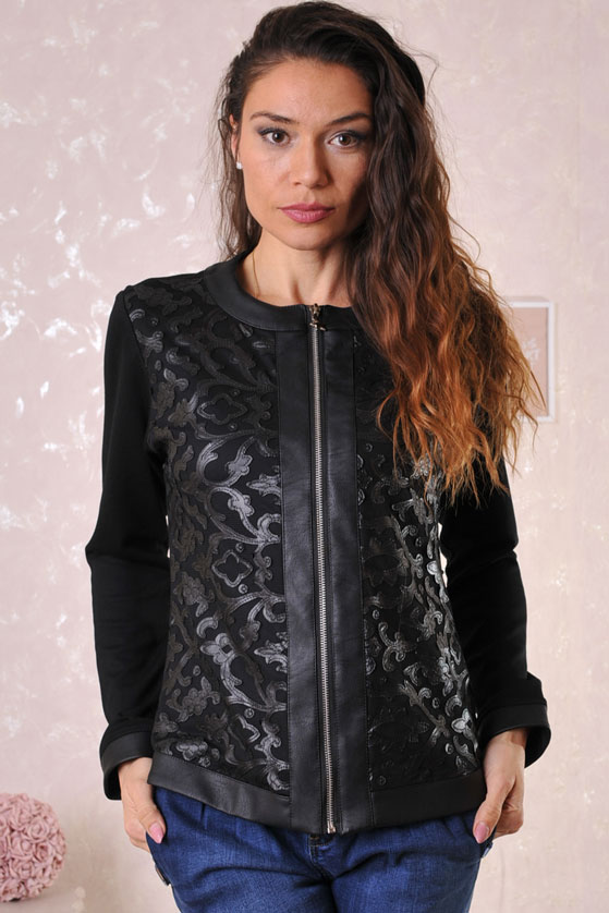 Дамско черно сако-яке с кожена дантела