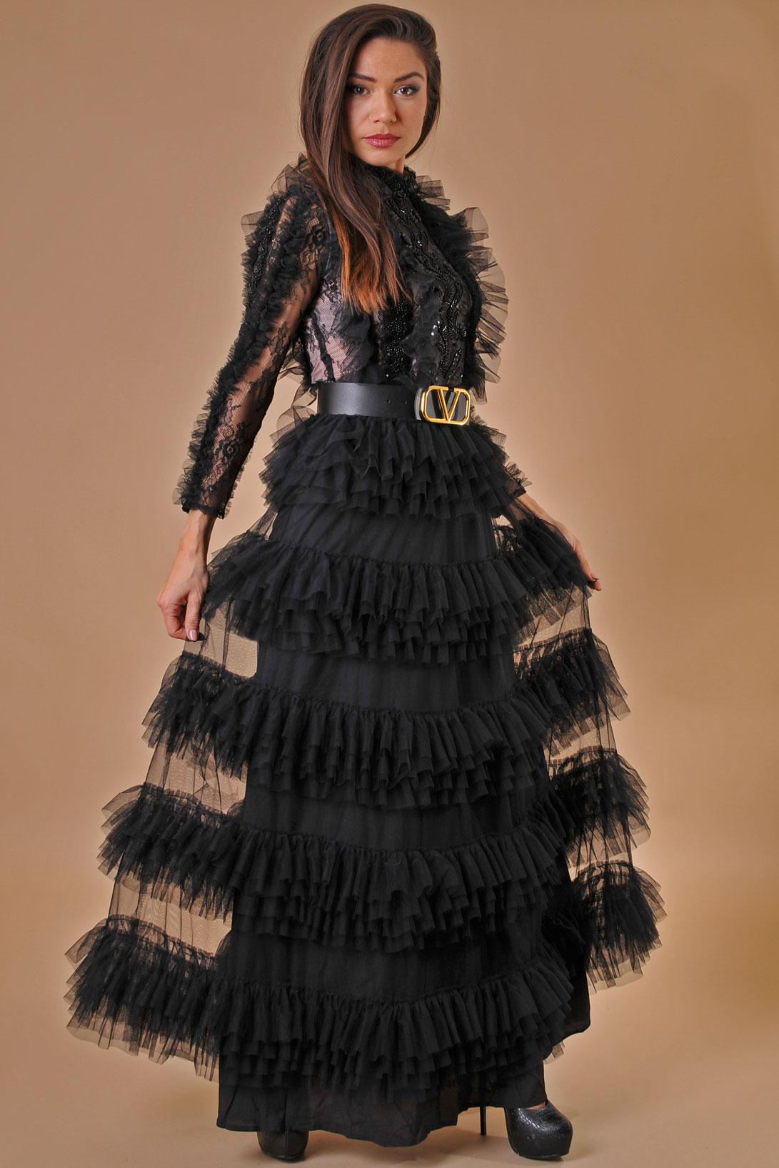 Официална бална черна рокля с пайети