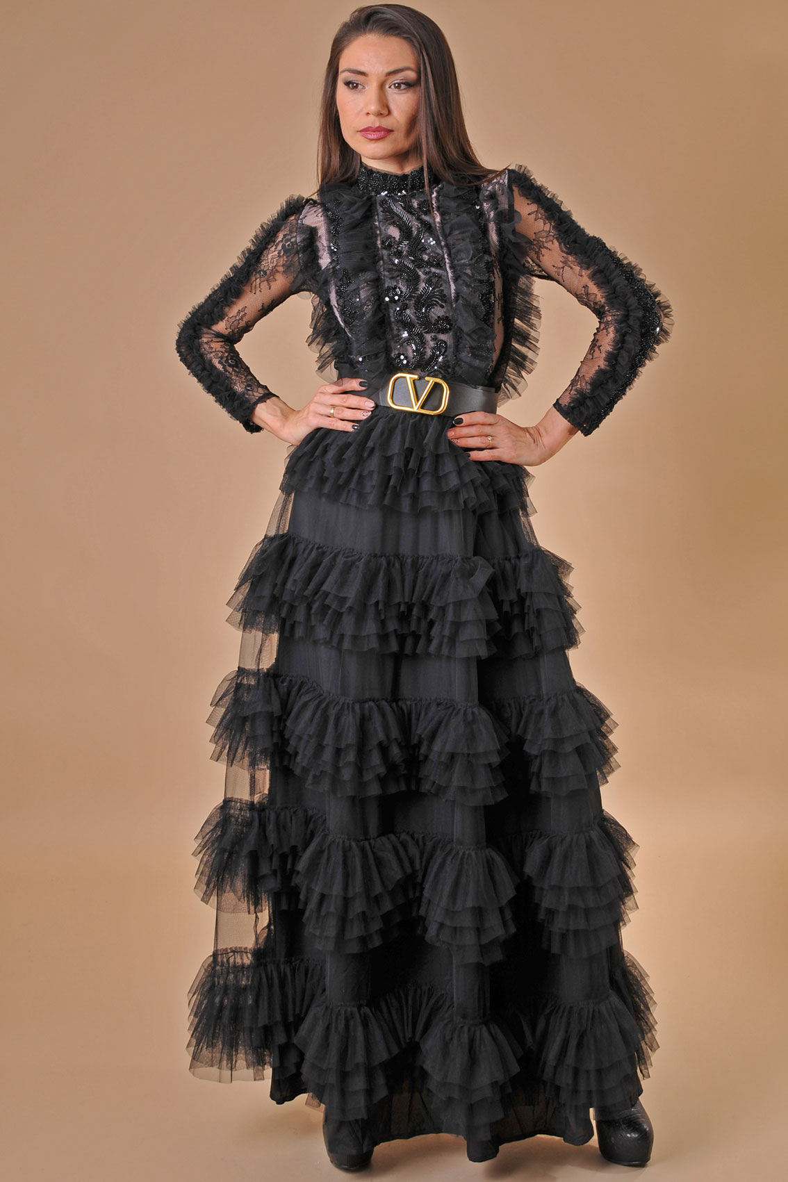 Официална бална черна рокля с пайети